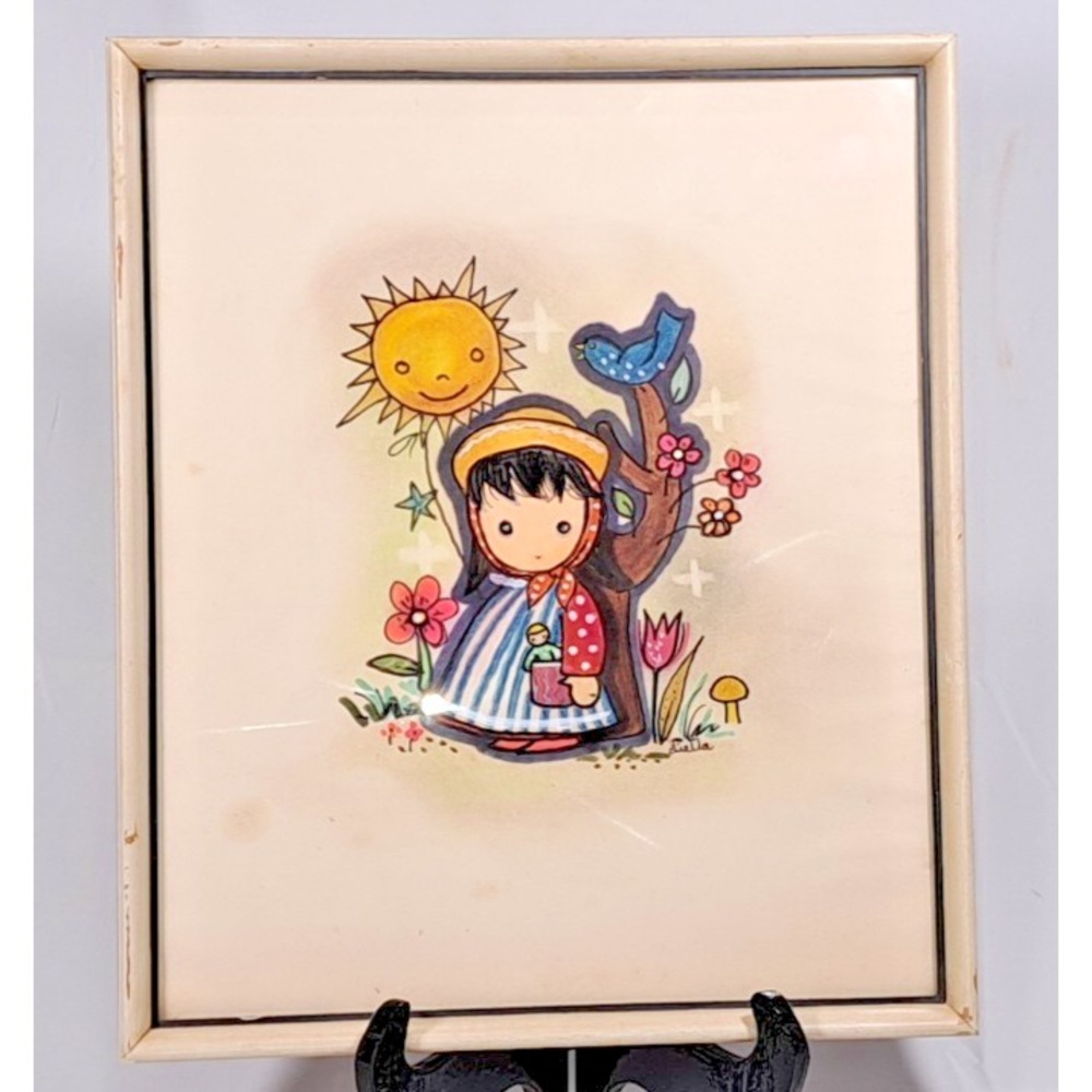 Vintage Lietta Framed Art Print Mid Century Girl Bluebird Sun Whimsical Retro